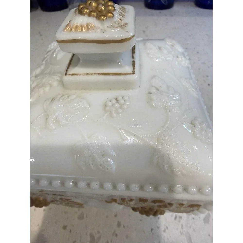 Westmoreland Paneled Beaded Edge Grape Gold Milk Glass Candy Dish Mid Century